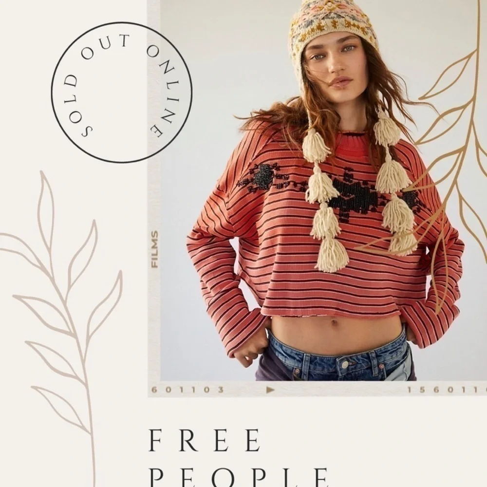 Free People Avalanche Long Sleeve Striped Beaded Tee Top